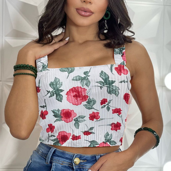 Cropped Floral Canelado Feminino Estilosa Confortável Top Alça Grossa Moderno