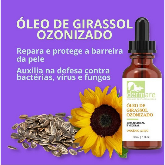 Óleo de girassol Ozonizado 30ml Facial e Corporal Dermare podologia unheiro freira fungos da unha