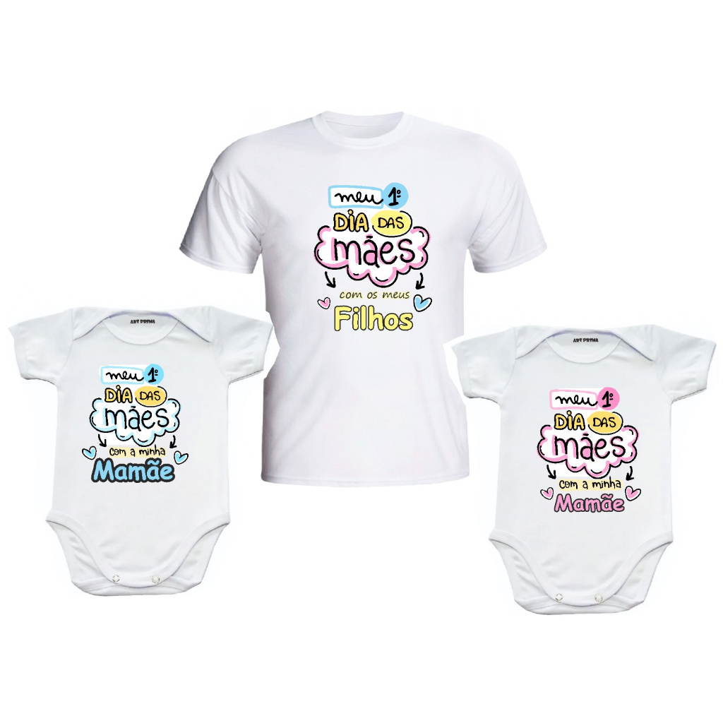 Kit Dia da Mães Camiseta E 2 Body Meu Primeiro Dia Das Mães Mãe De Gêmeos