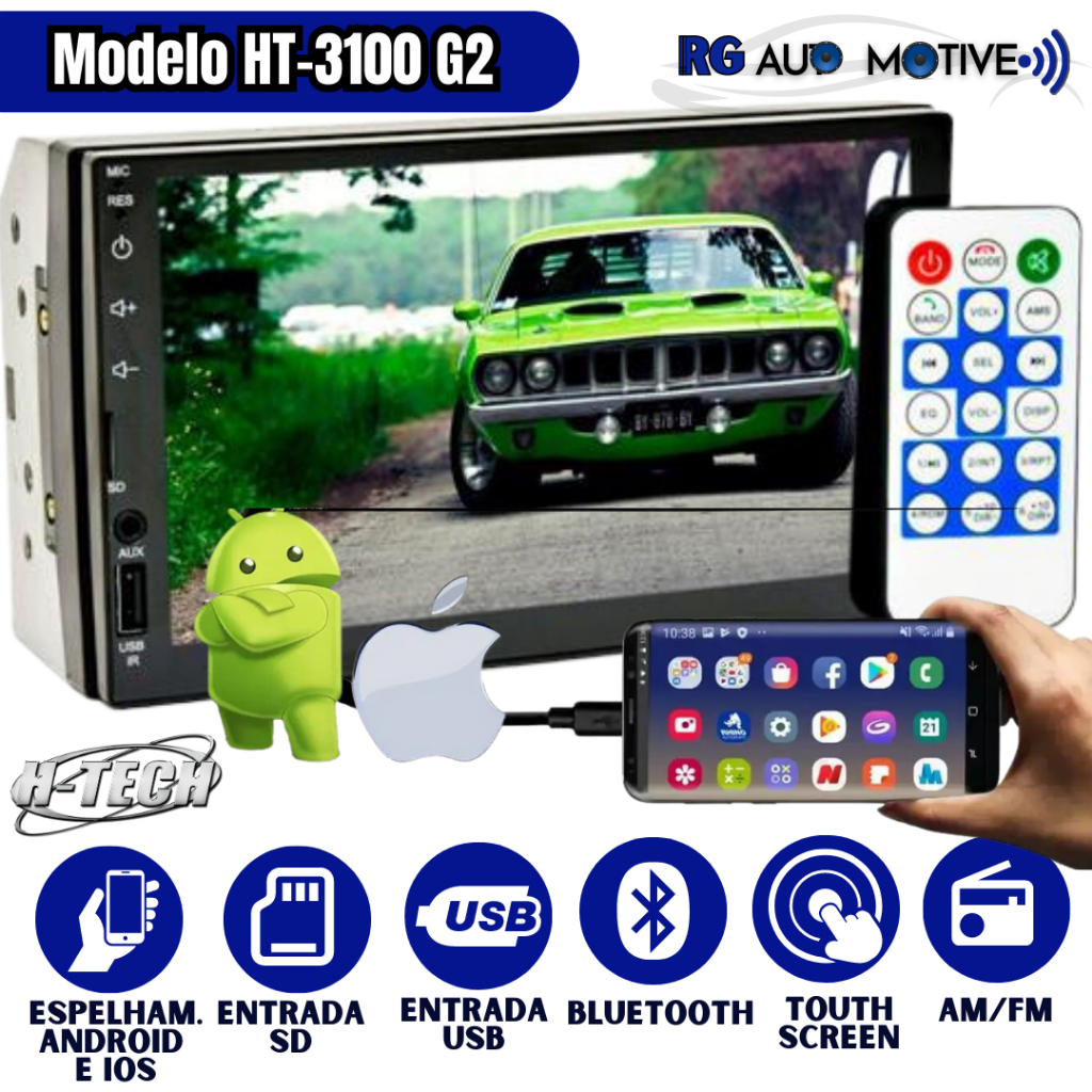 Central Multimidia Mp5 espelhamento Celular Bluetooth Logo Marca Rádio Ht3100 G2 - H-Tech - Tela vidro