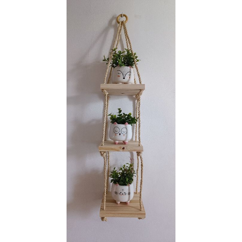 Prateleira 3 Andares Pinus Corda Sisal Suspensa Plantas Decorativa