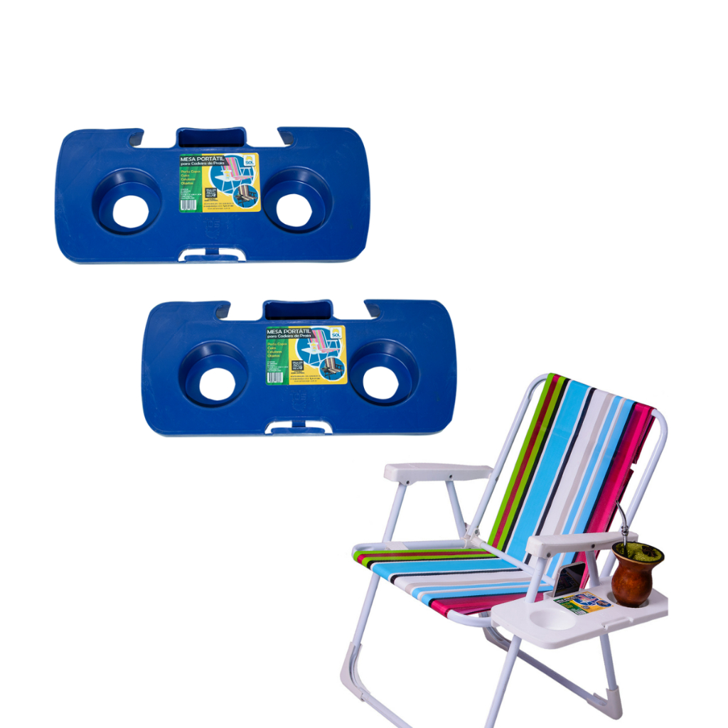 Kit 2 Mesa Portátil De Encaixe Para Cadeira de Praia Suporte Copo Cuia Celular Oferta Azul