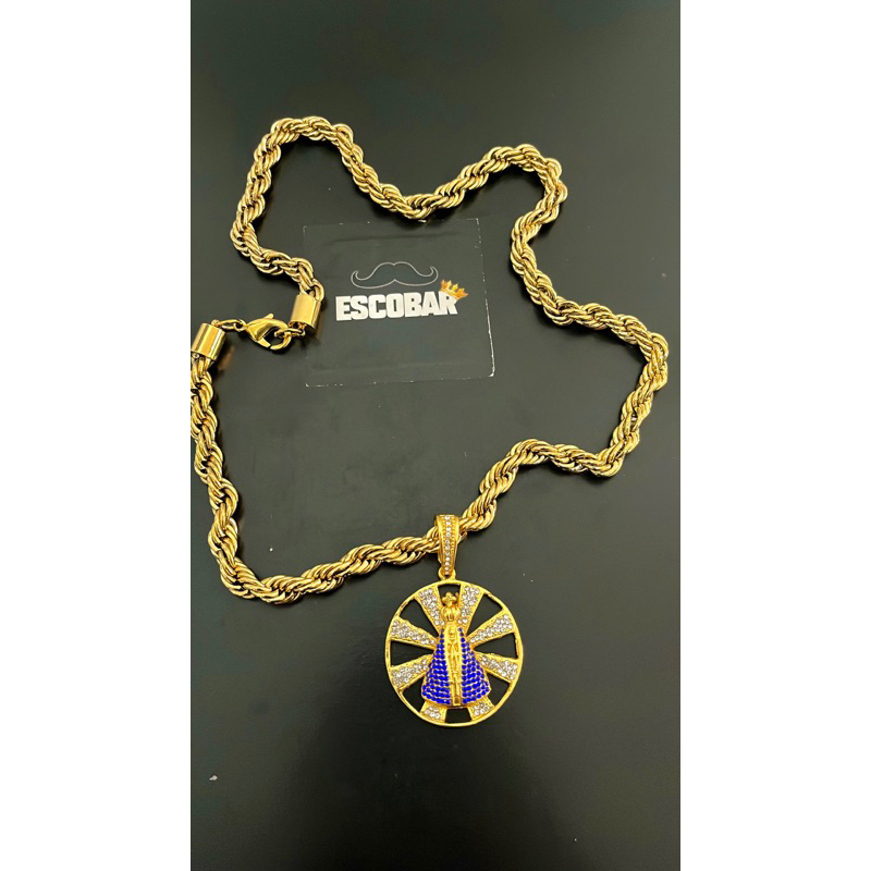 CORDÃO BAIANO NOSSA SENHORA CRAVEJADO MOEDA ANTIGA 18k