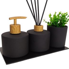 Kit Banheiro Luxo Vidros Preto Fosco Aromatizador + Saboneteira com Bandeja para Lavabo