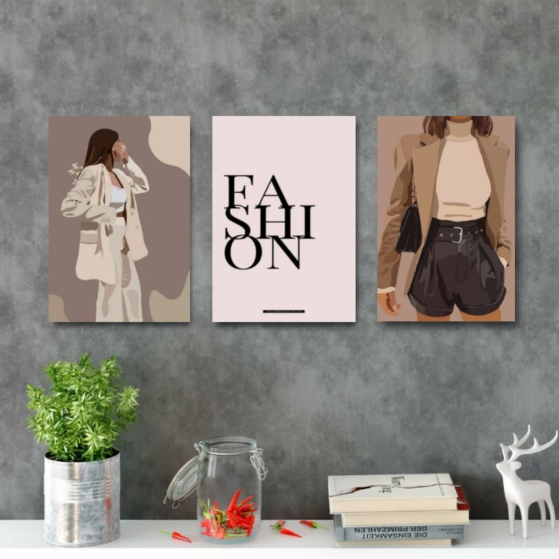 Kit Quadros Decorativo Mosaico 90X50 3 peças MDF Decoração Loja Looks Roupas Fashion Mulheres Hall