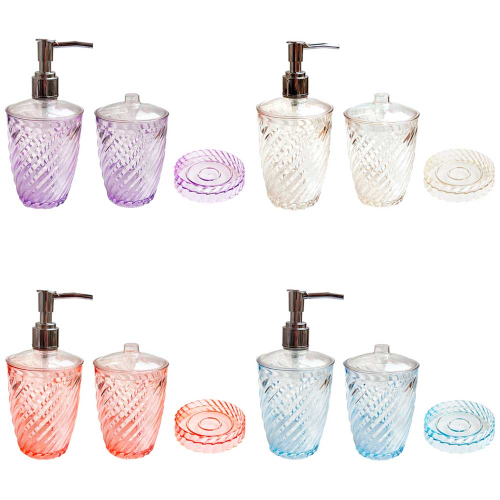 Kit Dispenser de sabão líquido álcool gel porta algodão cotonete com tampa saboneteira pia sabonete em barra 3 peças jogo banheiro lavabo Twist Plasútil