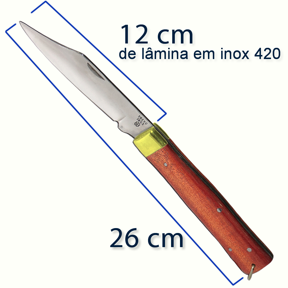 Canivete Trevo Churrasqueiro 26 cm, Aço Inox Profissional, Cabo em Madeira de Lei Pau Brasil ou Caviúna
