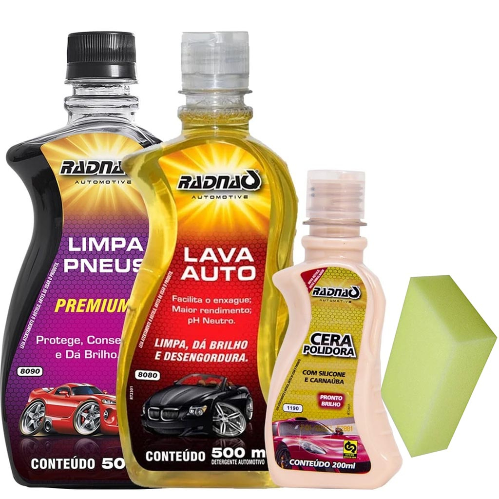 Limpeza Automotiva Shampoo + Esponja + Pretinho + Cera Automotivo Lava Carro - Radnaq .