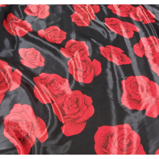 Tecido Cetim Estampado Fundo Preto Rosas Vermelhas