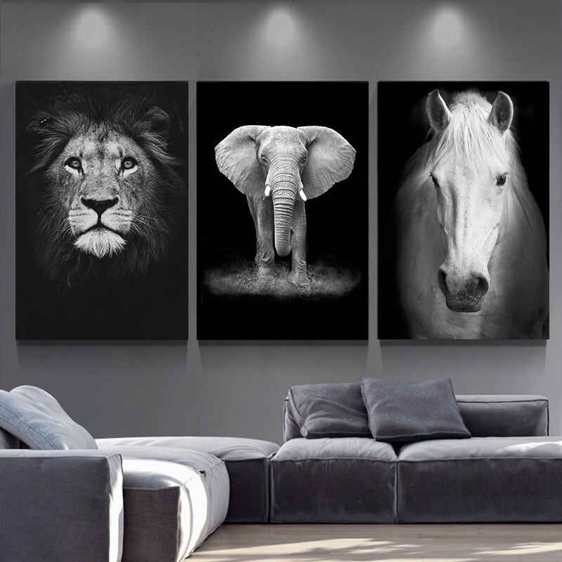 Quadros Decorativo Mosaico 90X50 3 peças Mdf Alta Resolução Full HD  leão elefante cavalo animais perfeitos faces retrô decoração