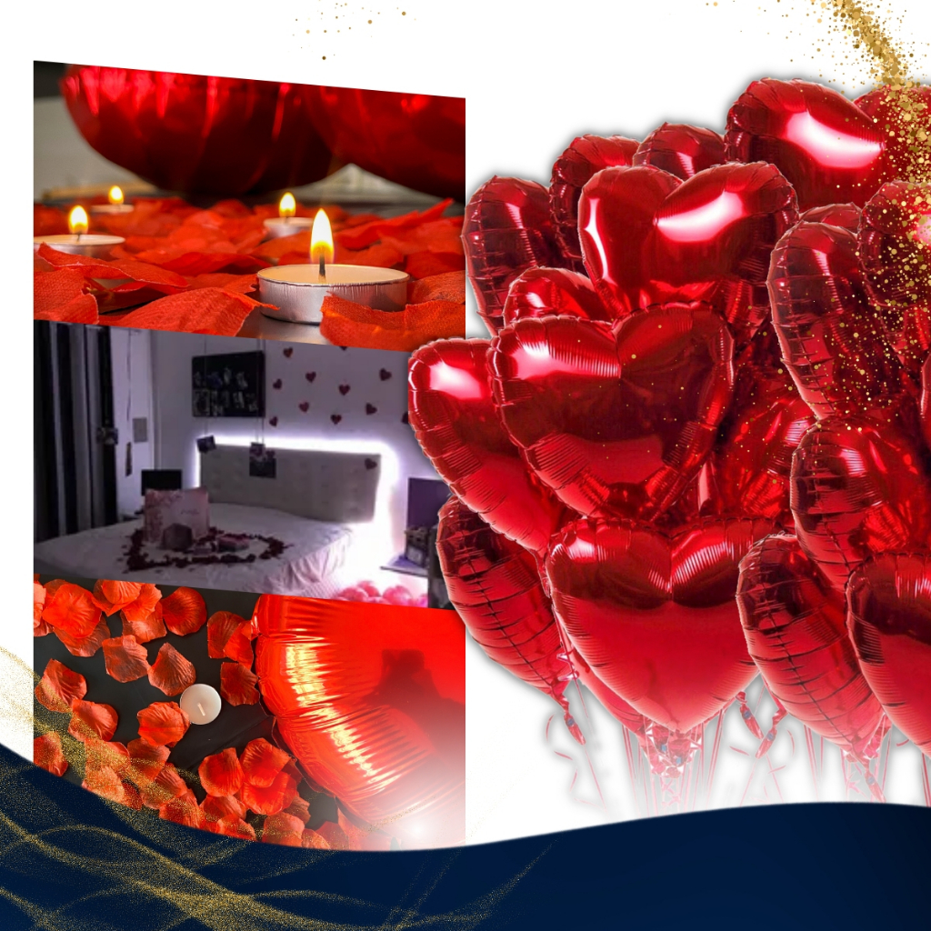 Kit 600 Pétalas De Rosa + 10 Velas Rechaud + 8 Balões Coração Surpresa Romântica Casal, Namorados