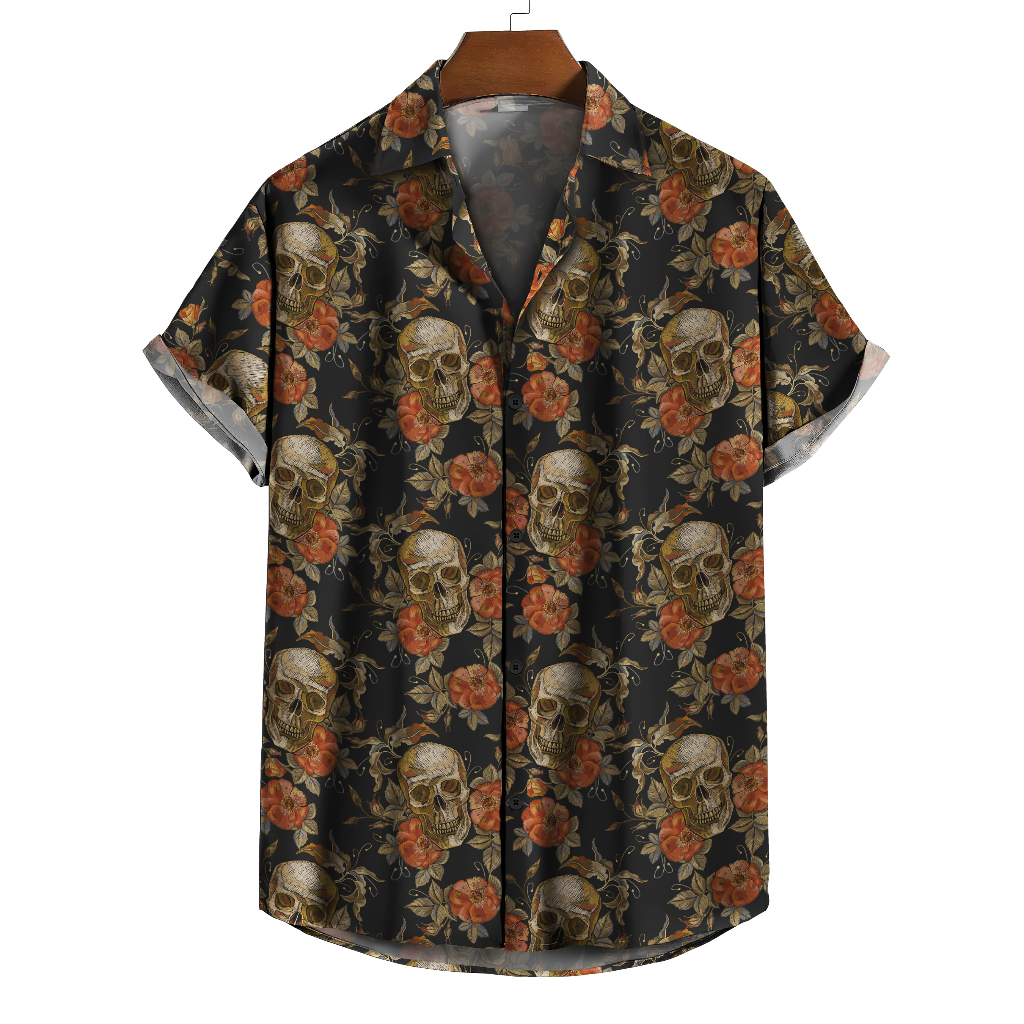 Camisa De Botão Preta Floral Caveiras Estilo Bordado [Ref-218]