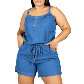 Jardineira Jeans Plus Size Feminino Com Elastano Macaquinho Modela Cintura Short Curto
