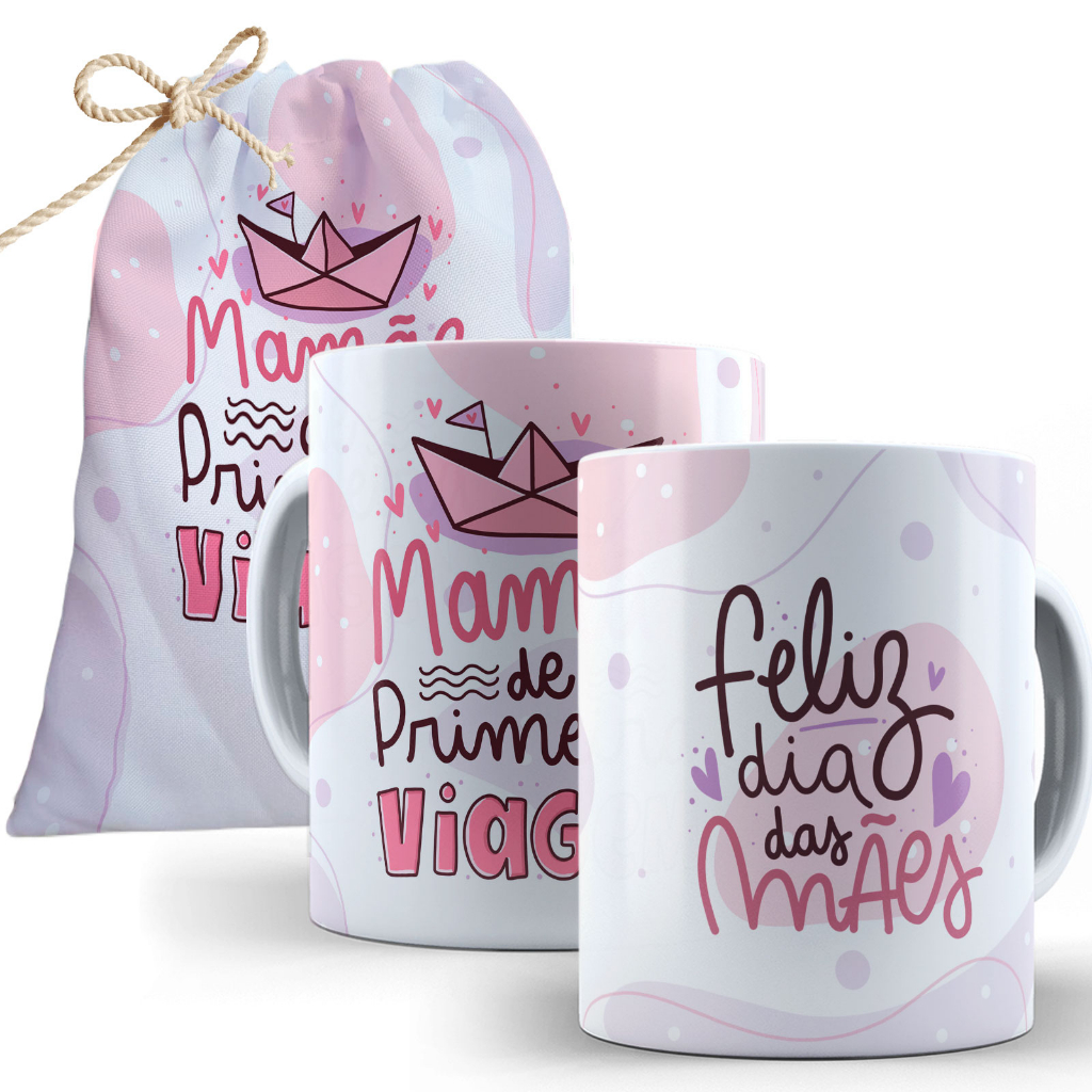 Caneca Dia das Maes - Kit Presente para Mães com Saquinho para Aniversário de Porcelana com Nome e Frases Lembracinha