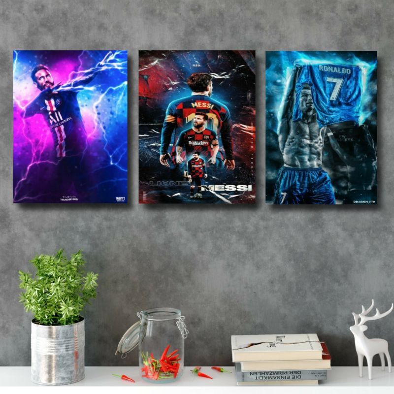 Quadros Decorativo 90X50 Sala Quarto 3 peças Mdf Alta Resolução Arte Neymar Messi Cr7 Barcelona Real