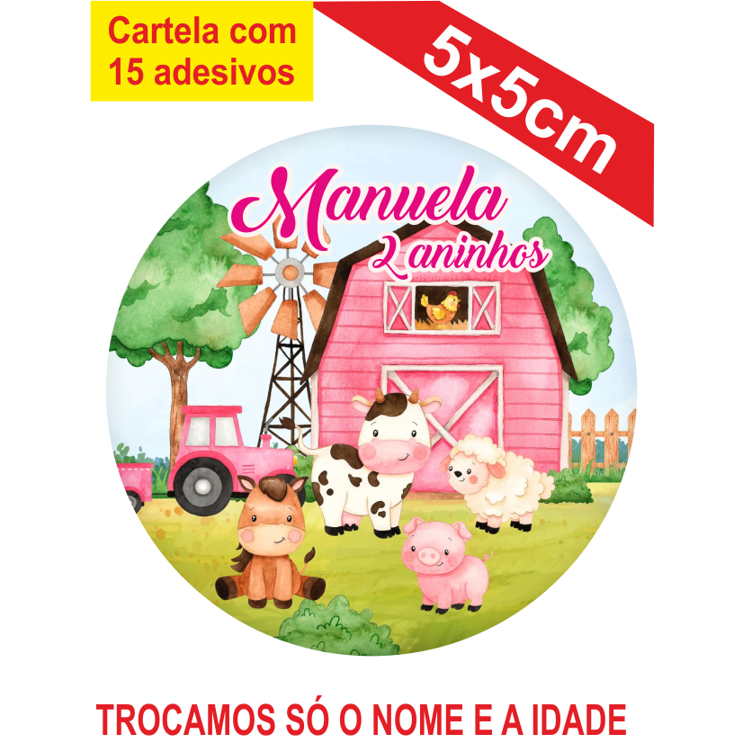 Adesivos Fazendinha Rosa Personalizados 5x5cm Festa Aniversário Lembrancinha
