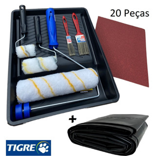 Kit Pintura Parede Bandeja Rolo Lã Lixa E Pincel Lona 20 Peças