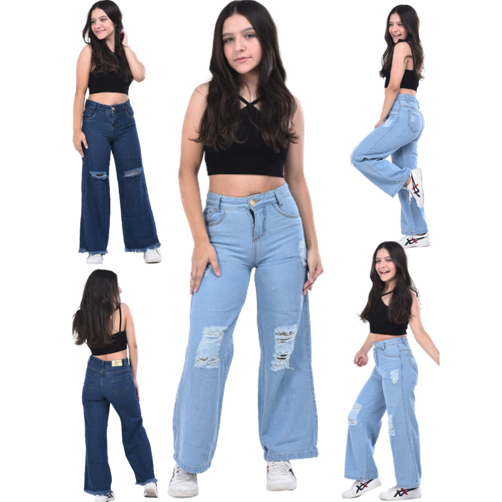 Kit Calça Jeans pantalona destroyed wide leg Feminina Juvenil Menina Flare Blogueirinha.