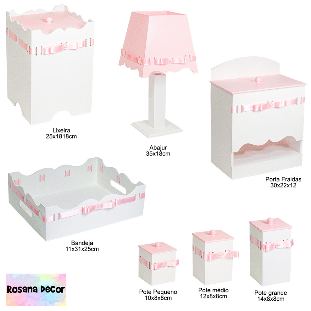 Kit Higiene para Bebê Rosa e branco com 7 Peças em Mdf