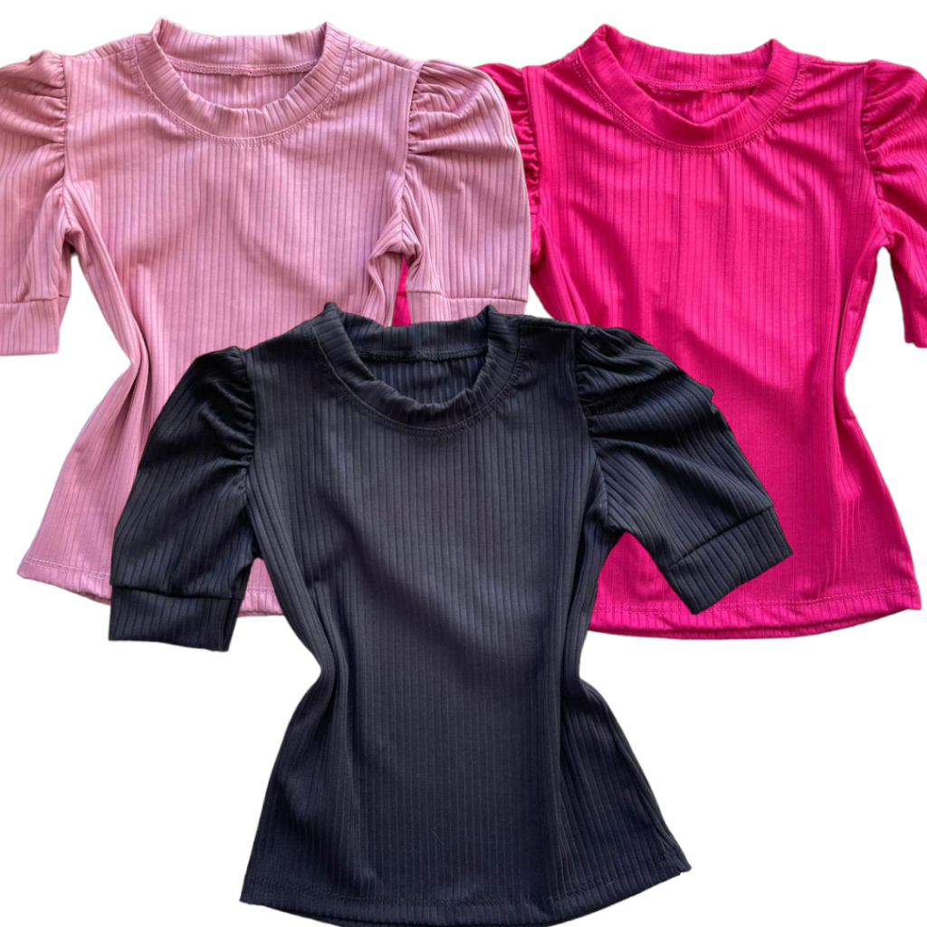 Kit 2 Unidades Blusa Manga Bufante Várias Cores Moda Menina Blogueira Luxuosa Diva Estilosa Moderna Linda Delicada Mini Mocinha Linda Fashion