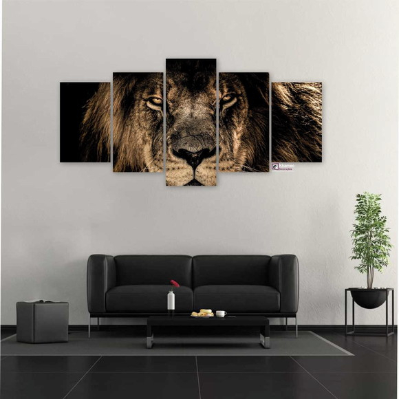 Quadros Decorativo Mosaico 5 peças Sala Quarto Mdf Alta Resolução Full HD Leão Mosaico Africano Face