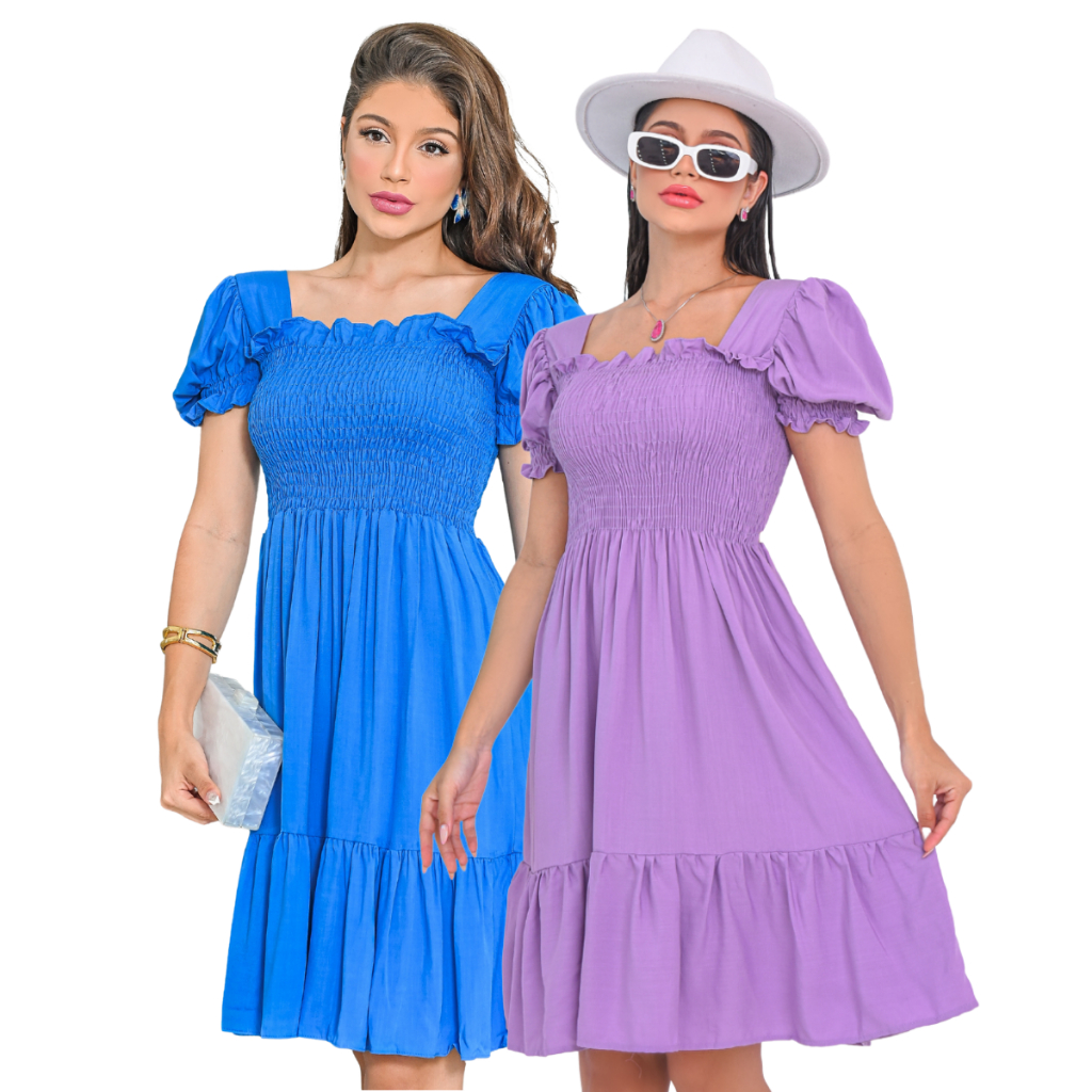 Kit 2 Vestido Feminino Manga Curta Bufante Com Lastex Babado em Oferta na Shopee