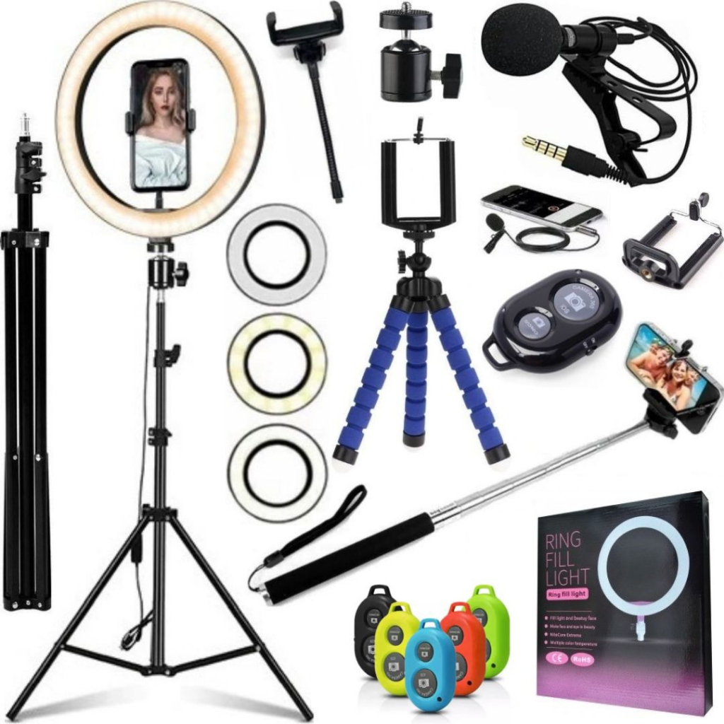 Kit Tripé 2m Ring light LED 26cm Suporte Celular Acessórios Microfone Lapela Youtuber Vídeo