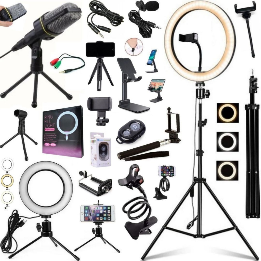 Kit Completo Luz Ring Light + Tripé 2m Microfone Suporte Celular Acessórios Vídeo 14pçs
