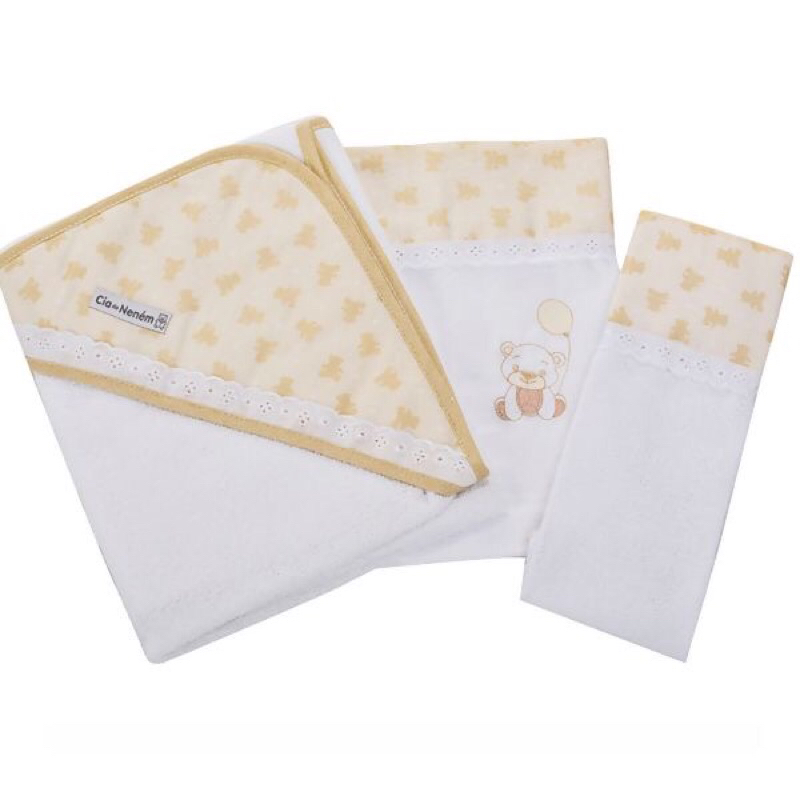 KIT de banho para Bebê com 3 peças toalha + toalha fralda + toalha de boca - Enxoval
