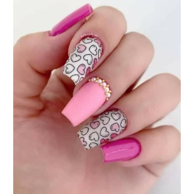 Películas de unhas cartela com 12 uni - coração rosa | adesivo de unha | decoração de unha |manicure | alongamento de unha.,