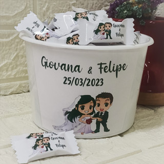 120 Balas Personalizadas no baldinho Casamento Noivinhos