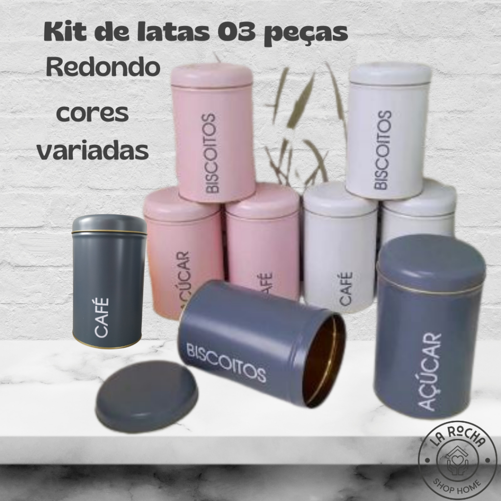 latas porta mantimentos jogo kit 3 peças café biscoito e açucar