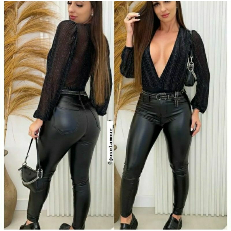 Body feminino preto tule brilhoso com fios de lurex manga longa