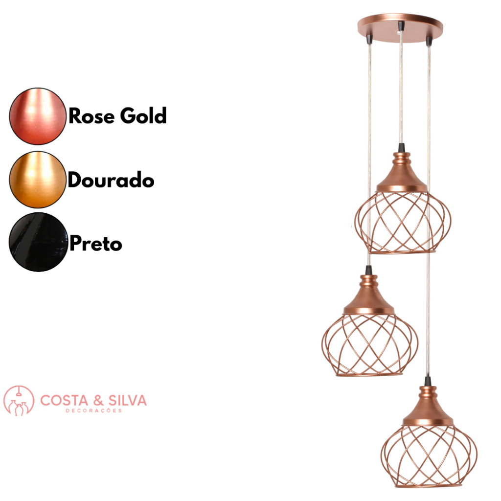 3 Pendente Aramado Esfera Balonê Triplo Lustre de Teto Luminária Lustre Canopla Única