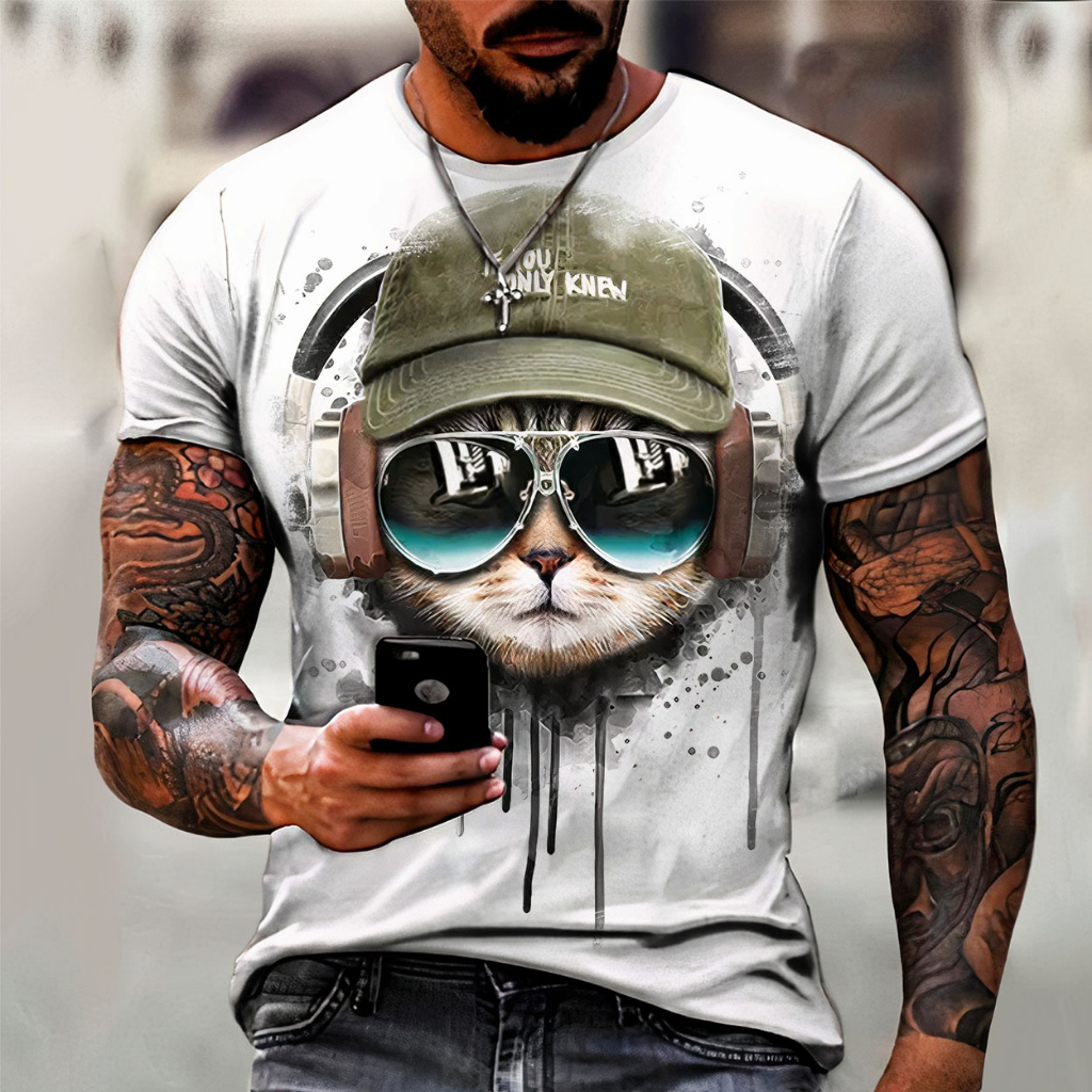 Camisa Camiseta Masculina Gato Fone Boné