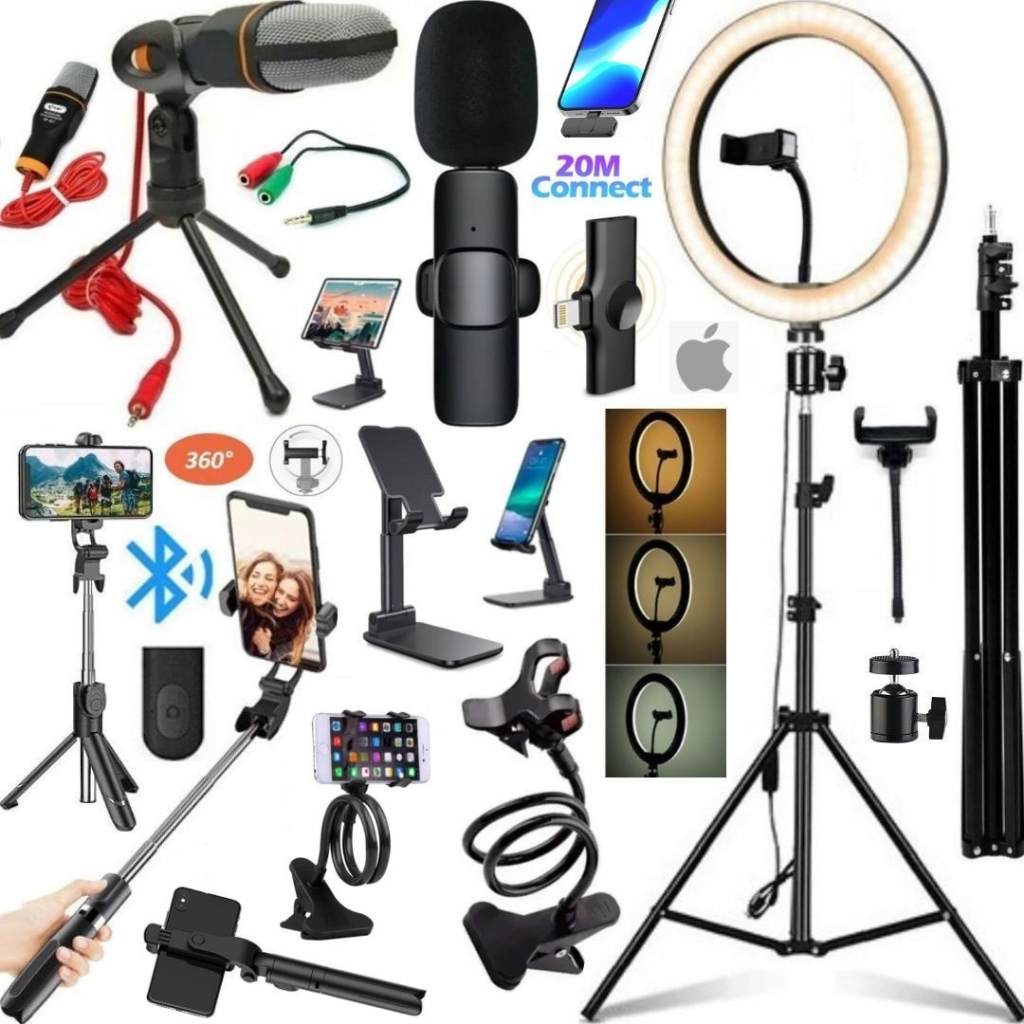 Kit Completo Ring Light Luz Led Tripé Microfone Sem Fio Suporte Acessórios Filmagem No Celular