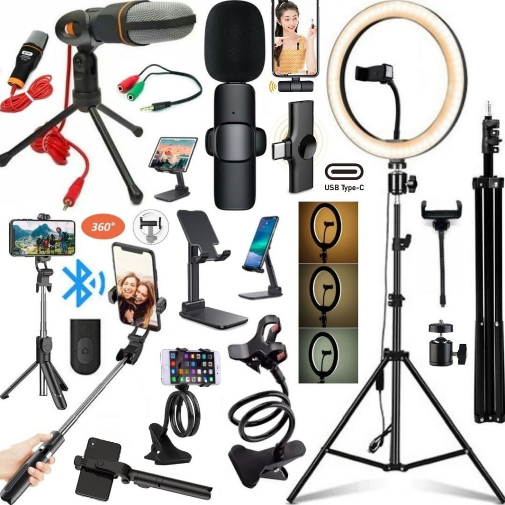 Kit Completo Ring Light Luz Led Tripé Microfone Sem Fio Tipo-C Gravação Celular Profissional