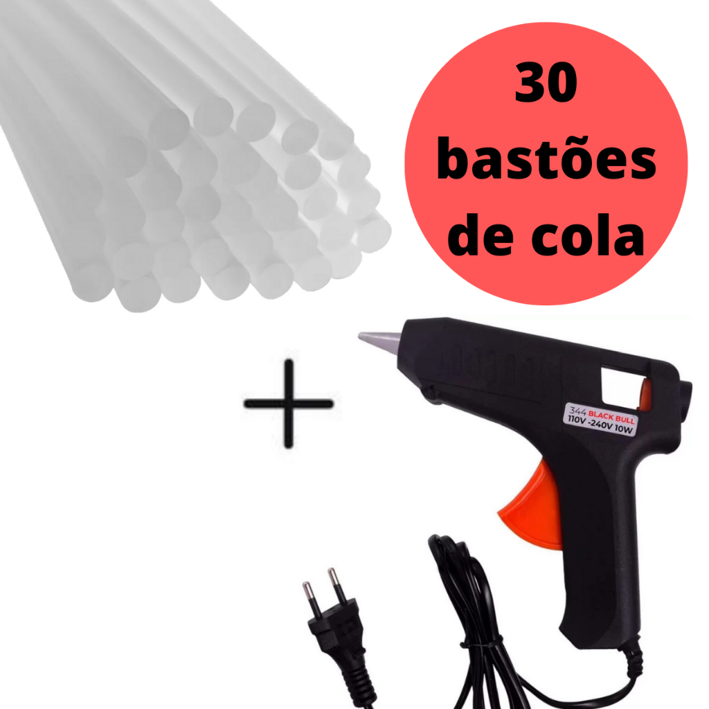 Kit Pistola de Cola Quente 10W Bivolt + 30 Bastões de Cola Quente Revolver Profissional
