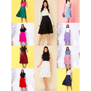 Saia Plissada Midi Com Cinto Forrada Lisa Varias Cores-0166 em Oferta na Shopee
