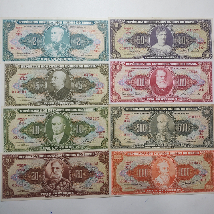 Cédula de 2, 5, 10, 20, 50, 100, 200, 500 e 1000 Cruzeiros SEM CARIMBO (2ª Estampa)