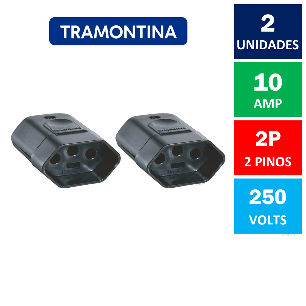 Kit Com 2x Plugue Fêmea 3 Pinos 10A 250V Preto Tramontina ( Tomada Fêmea 2P+T )