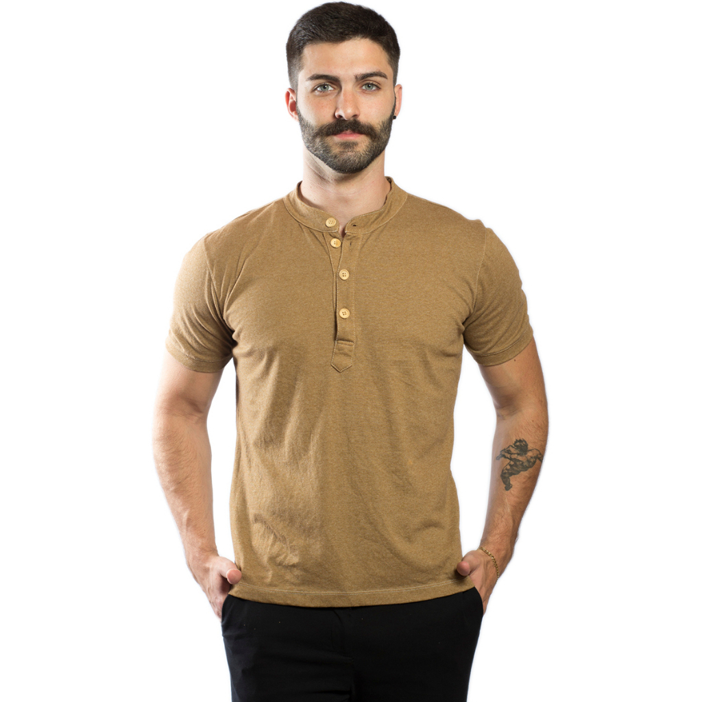 Camisa Masculina Gola Padre Henley de Manga Curta