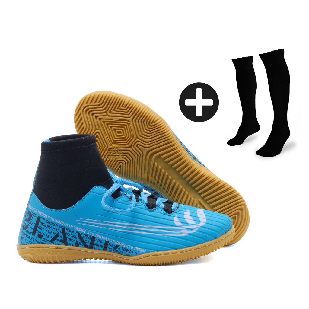 Tênis Futsal Botinha Azul Blank Star Chuteira Cano Alto com Solado Costurado com Meião