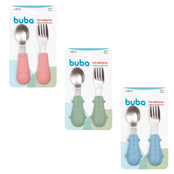 Kit Talheres Infantil Cabo Em Silicone Verde Azul Rosa Colher e Garfo 6m+ Buba