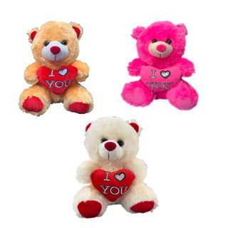 Kit 3 Ursos de pelúcia 27 cm Ursinho Peludo Coração Macio Selo Imetro p/ Cestas Presentes Estampa Maquina de Bichinhos