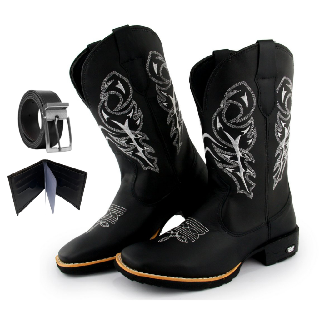 Kit Bota Western Country Bico Quadrada Masculina de Couro Legitimo Preto + Carteira e Cinto Delegada