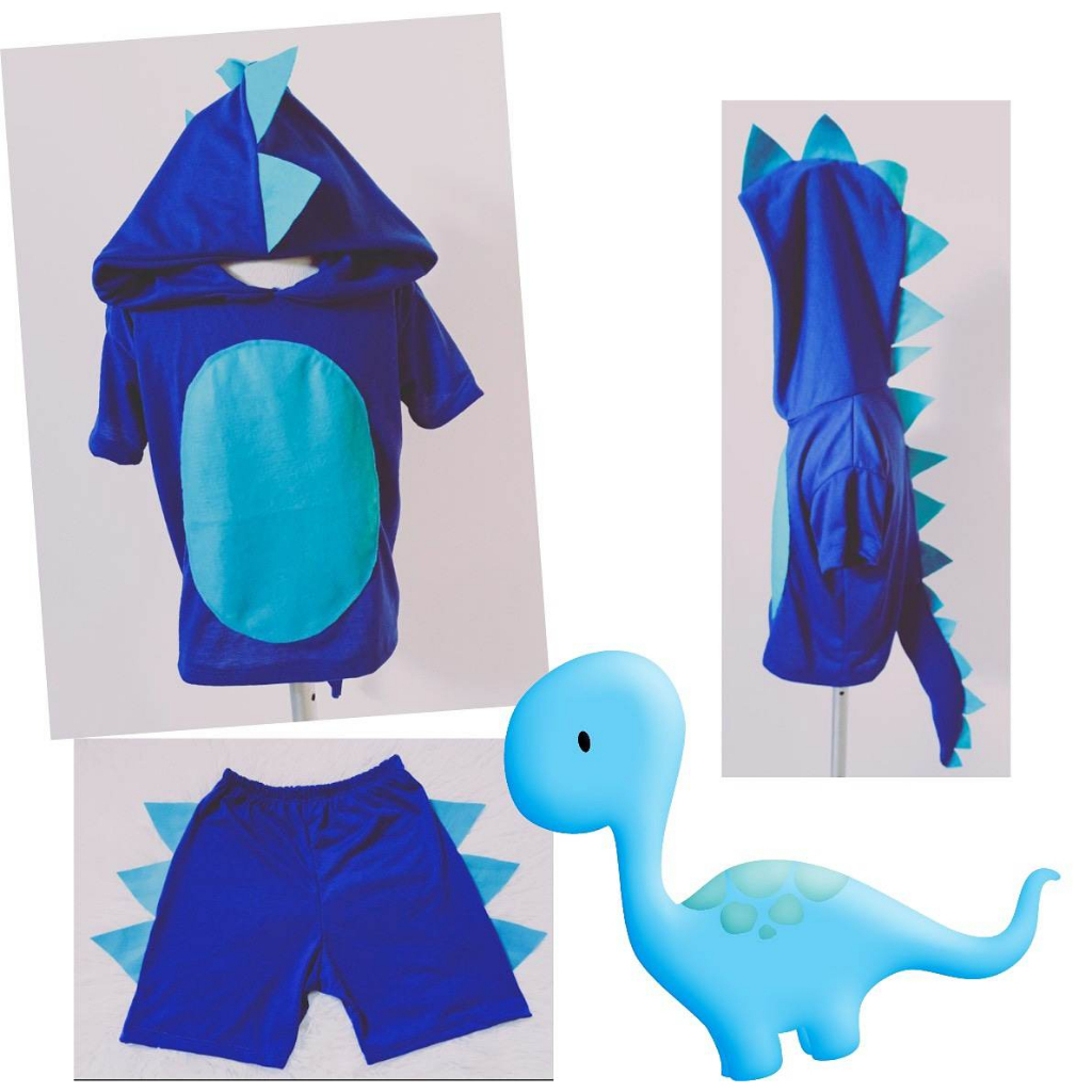 FANTSIA INFANTIL DINOSSAURO AZUL ROYAL COM DETALHES EM AZUL PISCINA (CONJUNTO DE CAMISETA E BERMUDA)