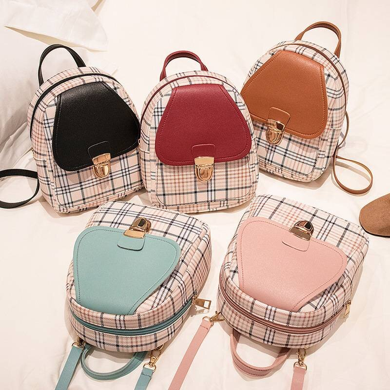 Mini Mochila Xadrez Tipo Couro Kawaii Estilo Fofo Bolsa Feminina Compacta para Dia a Dia