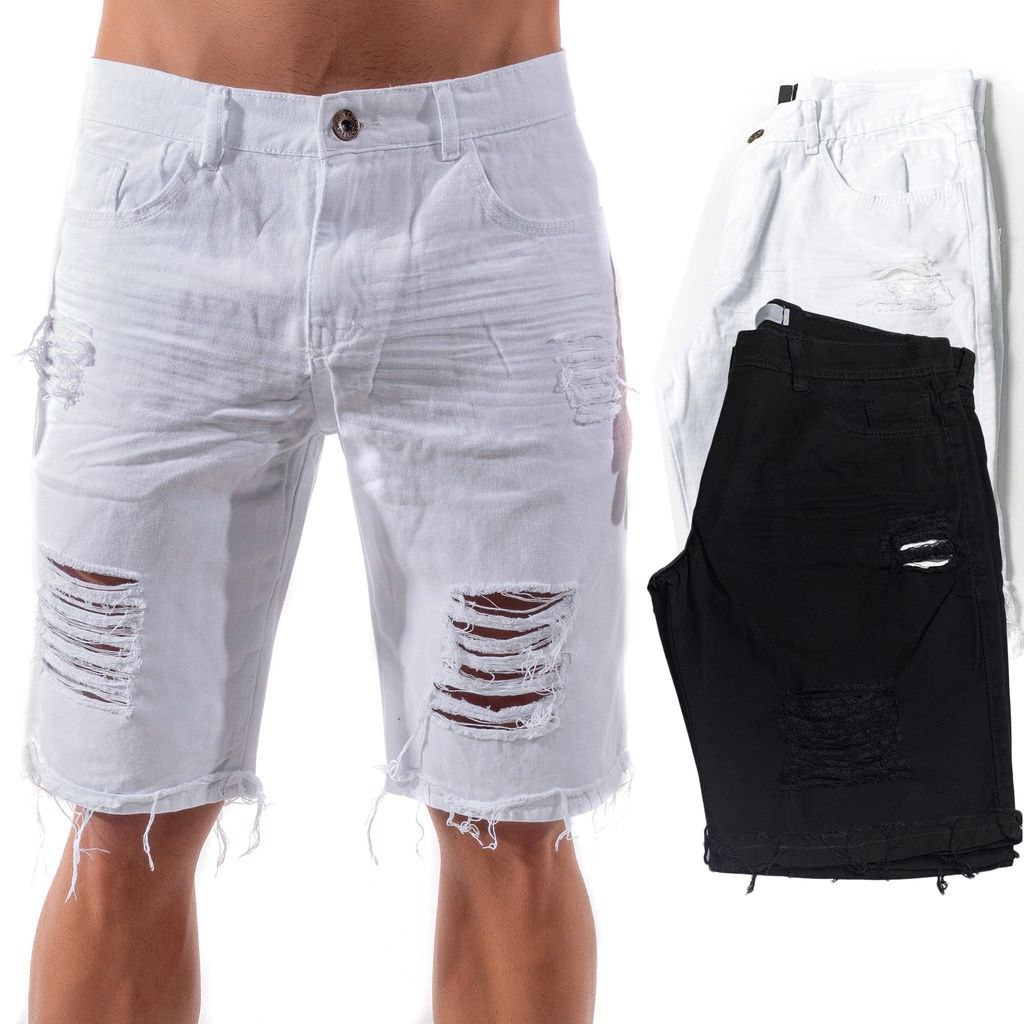 Bermuda Jeans Masculina Rasgada Sarja preta Destroyed Desfiada Branca preta 2026 promoçao