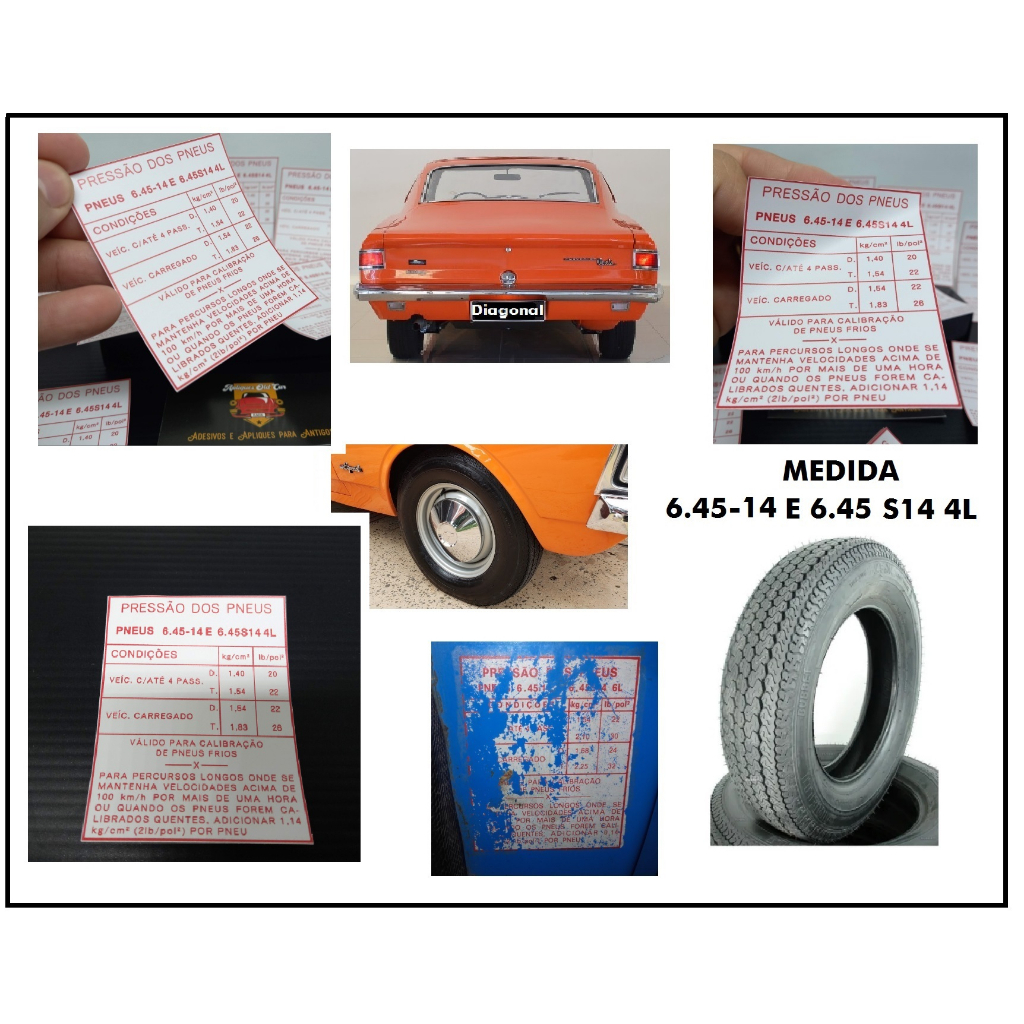 Adesivo Pressão e Medida Dos Pneus - Opala/Caravan até 1980 - MEDIDA 6.45-14  e  6.45-S14 4L / Pneus Diagonais